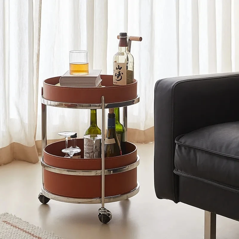

Simple Coffee Table Circular Movable Cart Sofa Edge Light Luxury Multi-functional Storage Saddle Leather Snack Cart