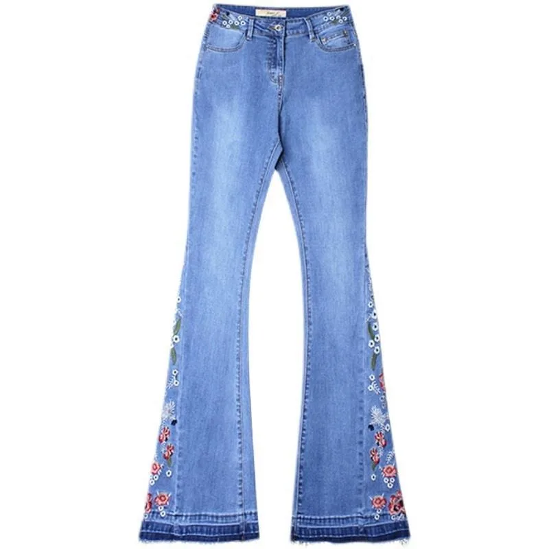 Фото Женские джинсы с вышивкой Horn Jeans, летняя новинка 2026 года, светлые, эластичные, с высокой талией, облегающие, тонкие, больших размеров, широкие брюки №4
