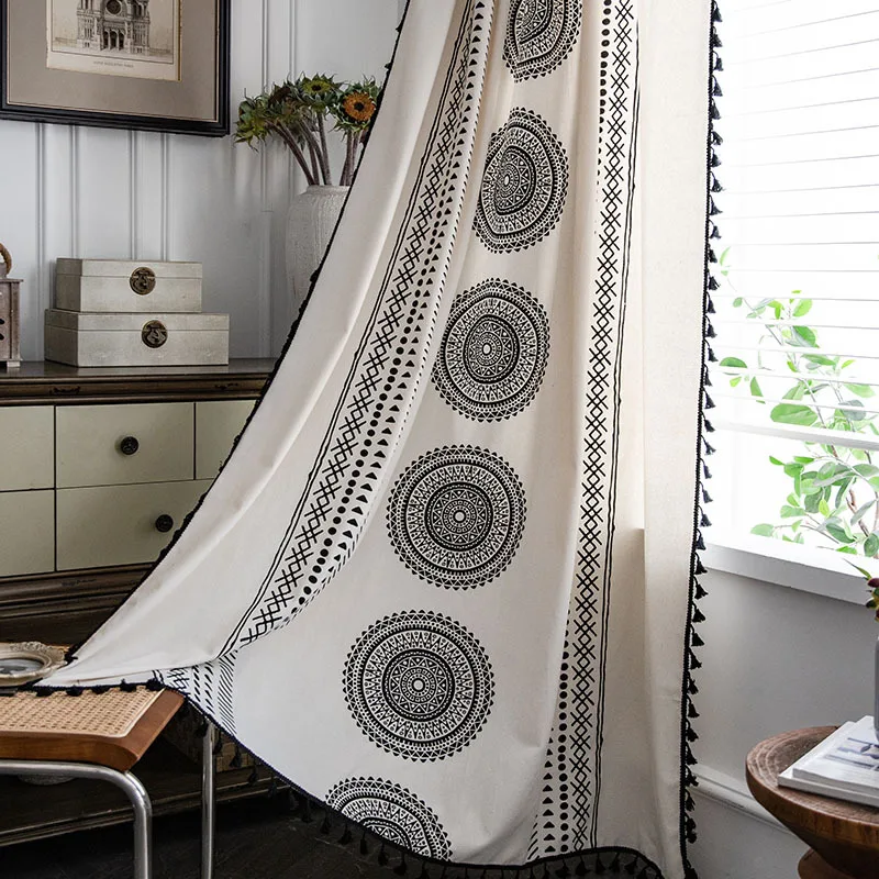 

Bohemian Cream-Colored Polyester-Cotton Printed Semi-Sheer Window Curtains for Living Room and Bedroom Bay Windows