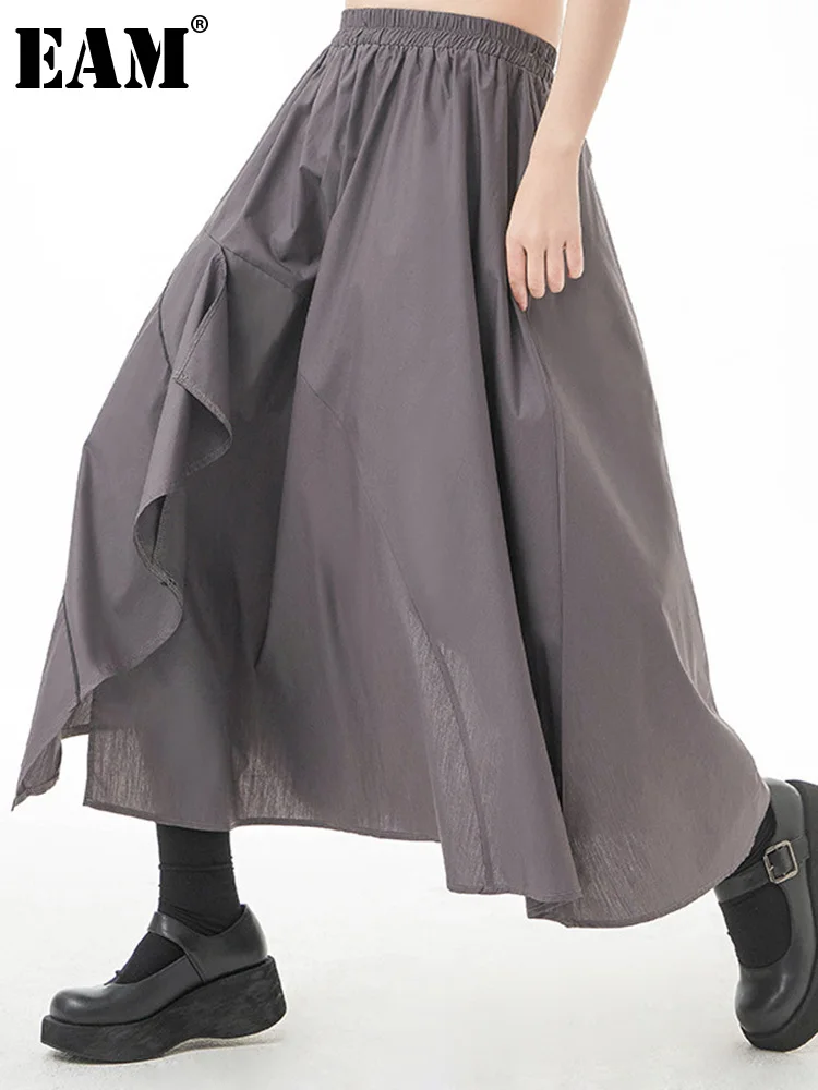 

[EAM] High Elastic Waist Gray Irregular Ruffles Long Casual Half-body Skirt Women Fashion Tide New Spring Autumn 2022 1DE7698