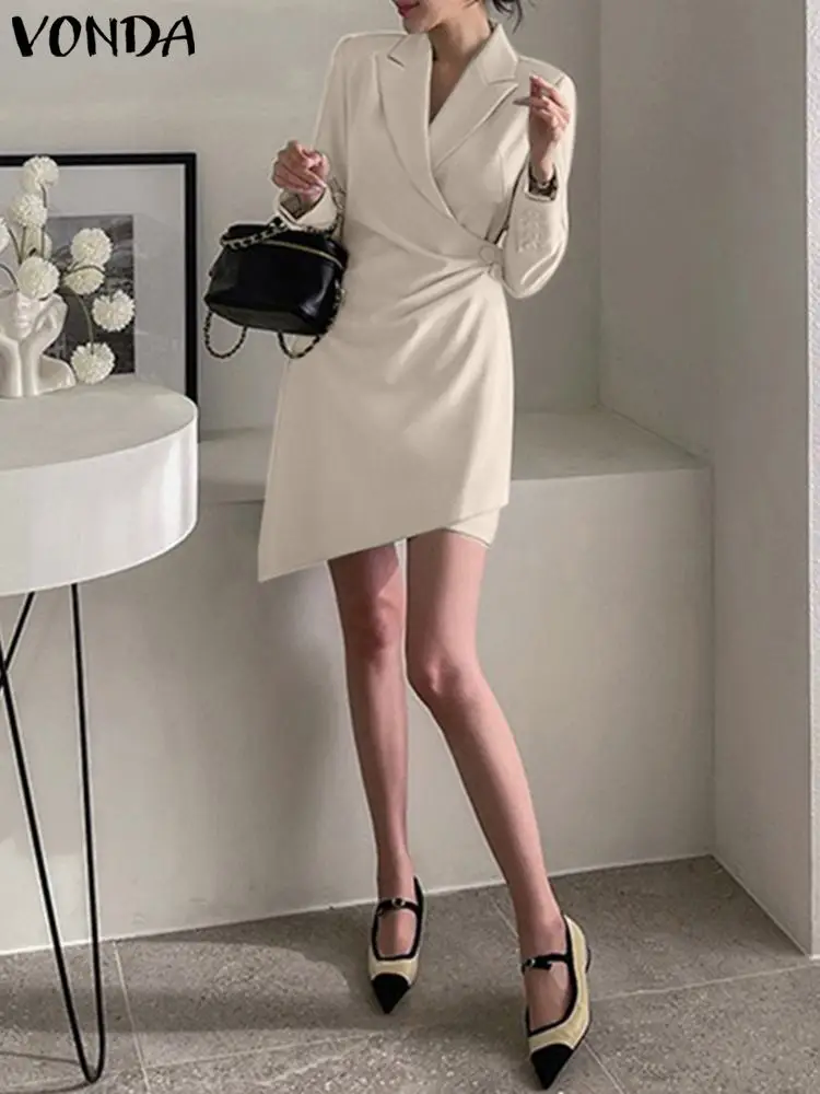 

VONDA Office Dress Summer Mini Sundress 2023 Fashion Elegant Long Sleeve Casual Solid Color Sexy Buttons Party Vestidos Robe