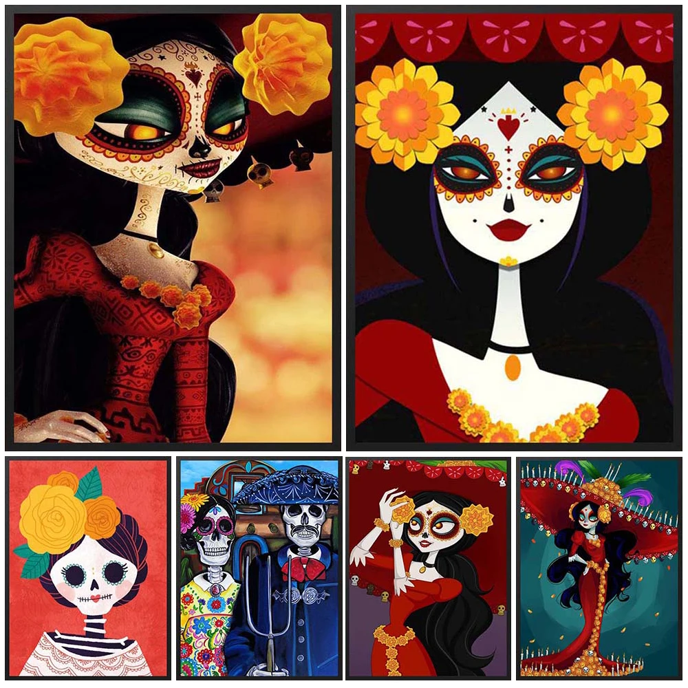 

Mexico Day of the Dead Posters Death Day Grimace Girl Poster Wall Pictures For Living Room Wall Art Canvas Painting Unframed