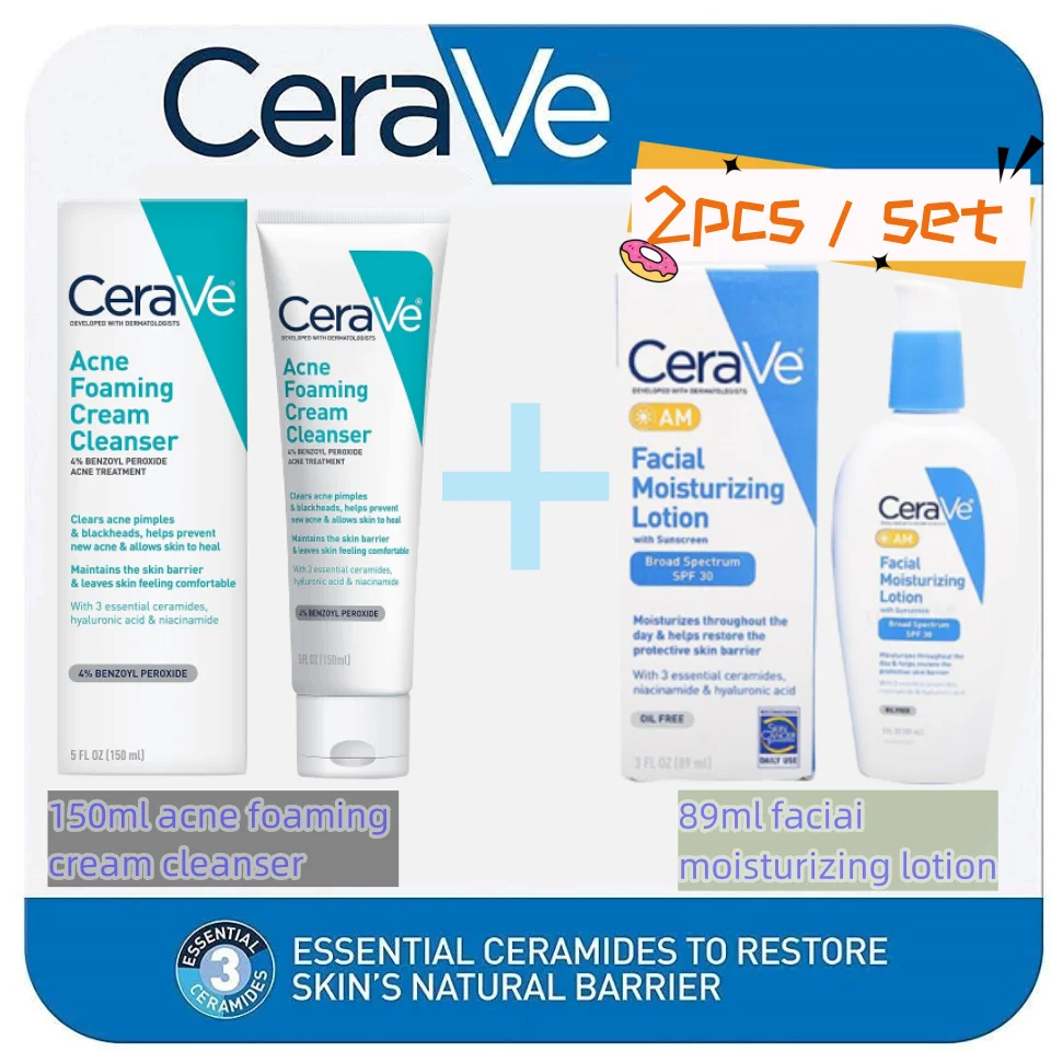 

2pcs Cerave Acne Foaming Cream Cleanser Resurfacing Retinol Serum Facial Moisturizing Lotion Acne Treatment Set