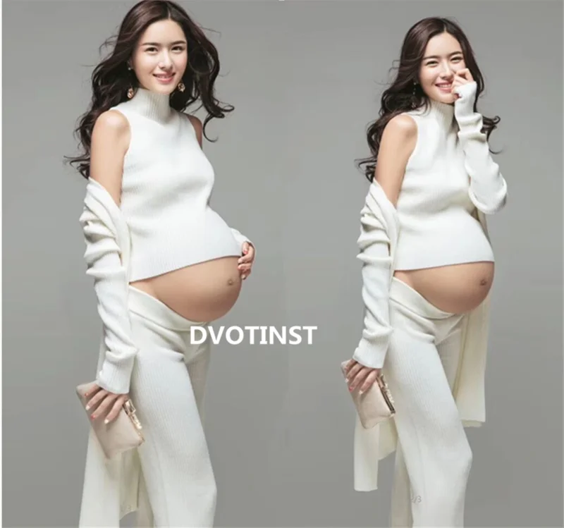 Dvotinst Women Photography Props Knit Pregant White Elegant Coat Pants 3pcs Set Pregnancy Clothes Studio Shoots Photo Props