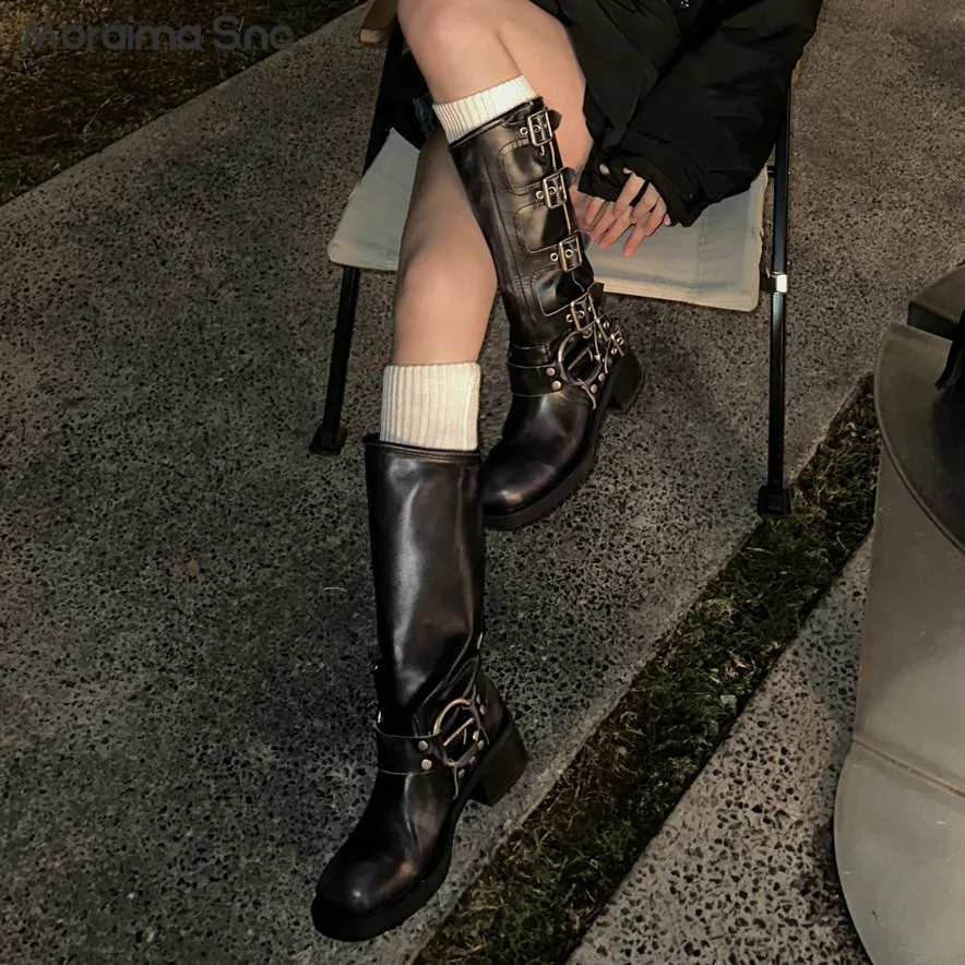 Vintage Brown and Black Ladies Knight Boots Block Heel Boots Metal Strap Buckle Platform Large Size Retro Fashion Women's Boots