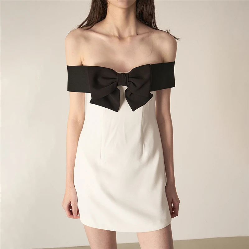 

2022 summer new satin tube top shift dress women fashion commuter bow stitching contrast color strapless mini skirt party dress