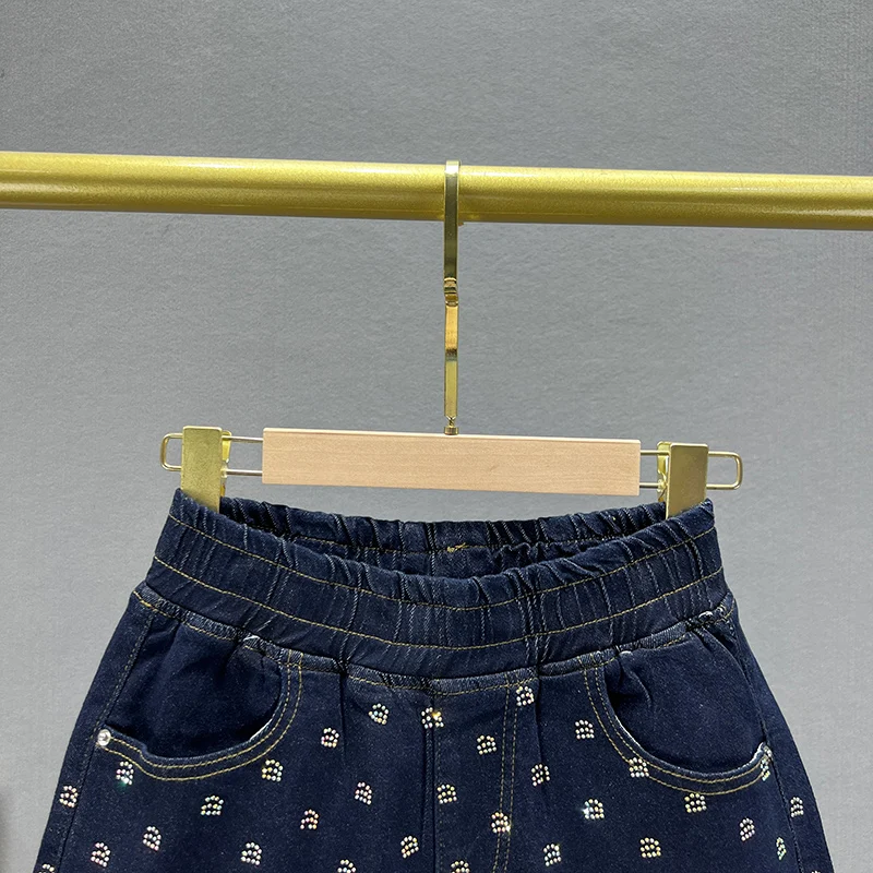 Embedding Rhinestone High Waist Denim Shorts 2023 Summer Elastic Waist Loose Wide Leg Short Pants Booty Shorts Women Jeans