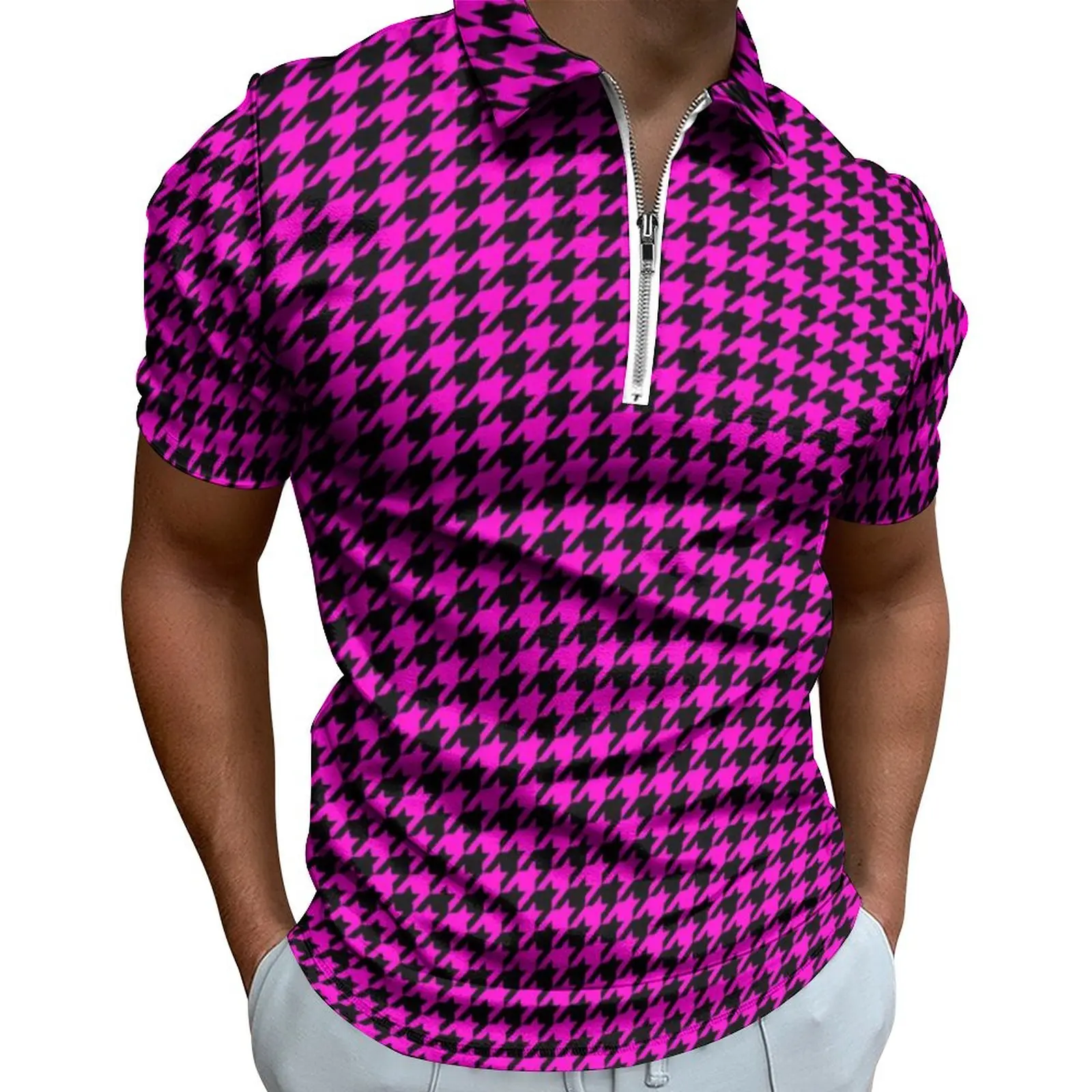 

Черно-розовые повседневные футболки с рисунком «гусиные лапки», рубашки поло с ретро-принтом, забавная рубашка с отложным воротником, Мужск...