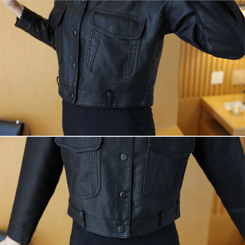 Womens Brown Biker Leather Jacket Button Down Pocket Fall and Spring Fashion Motorcycle Coat Office Casual Outwear