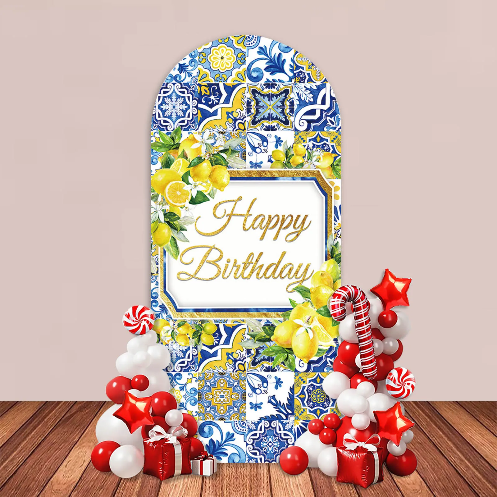 Фото Lemon Arch Backdrop Cover Happy Birthday Party Decor Blue Tile Floral Baby Kids Portrait Background Cake Table Photozone №4