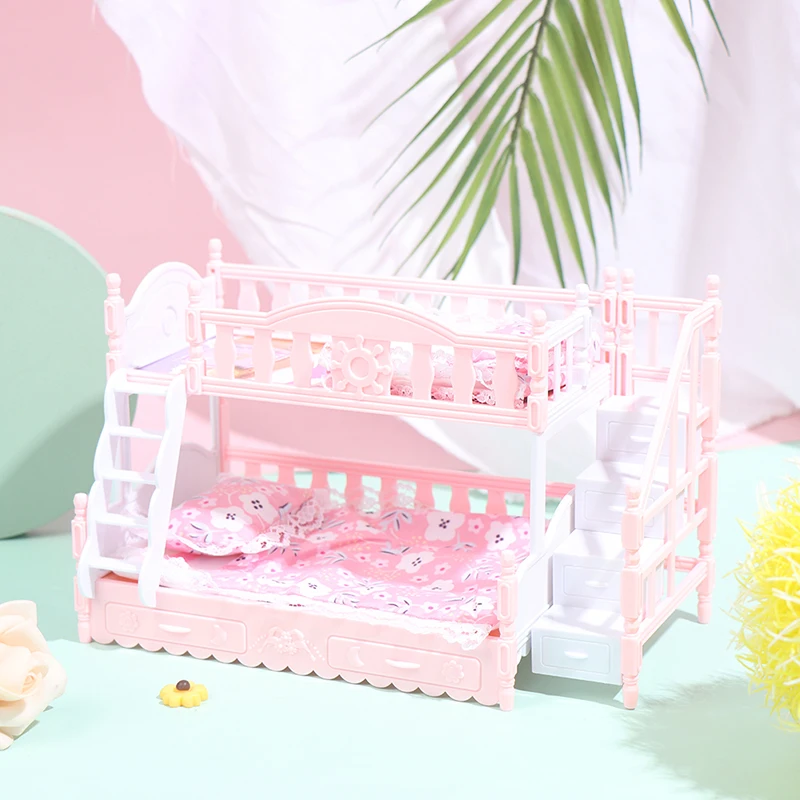 

1 комплект кукольный домик миниатюрная имитация Европейская принцесса розовая двуспальная кровать двухъярусная кровать с простыней Подуш...