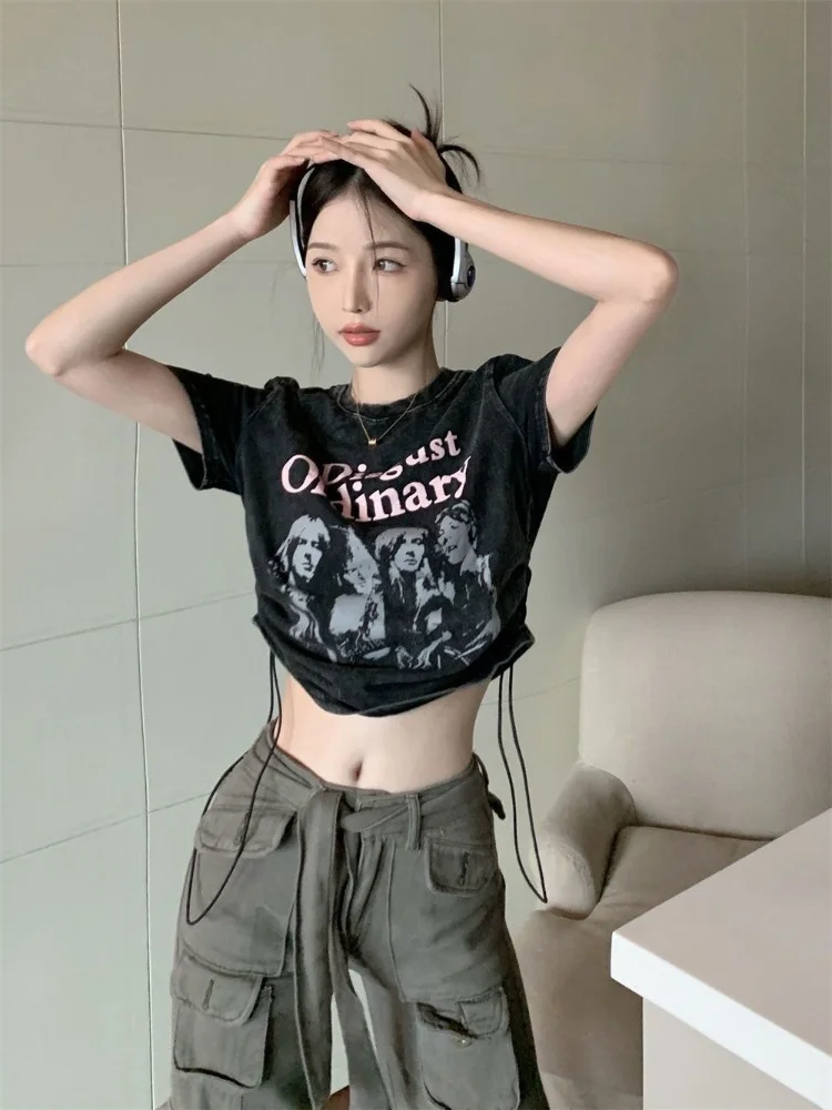 

Y2k Crop Top Mujer Slim Graphic T Shirts Black Vintage Baby Tees Solid Summer Clothes for Women 2000s Tops Fashion Top
