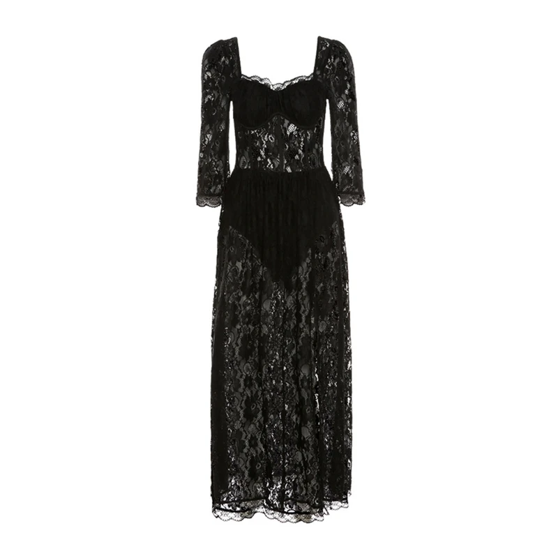

Женское кружевное платье миди, готическое длинное платье в стиле панк с рукавом и цветочным принтом, Прозрачное платье с высокой талией, разрезом по бокам и квадратным вырезом, модель 10CD