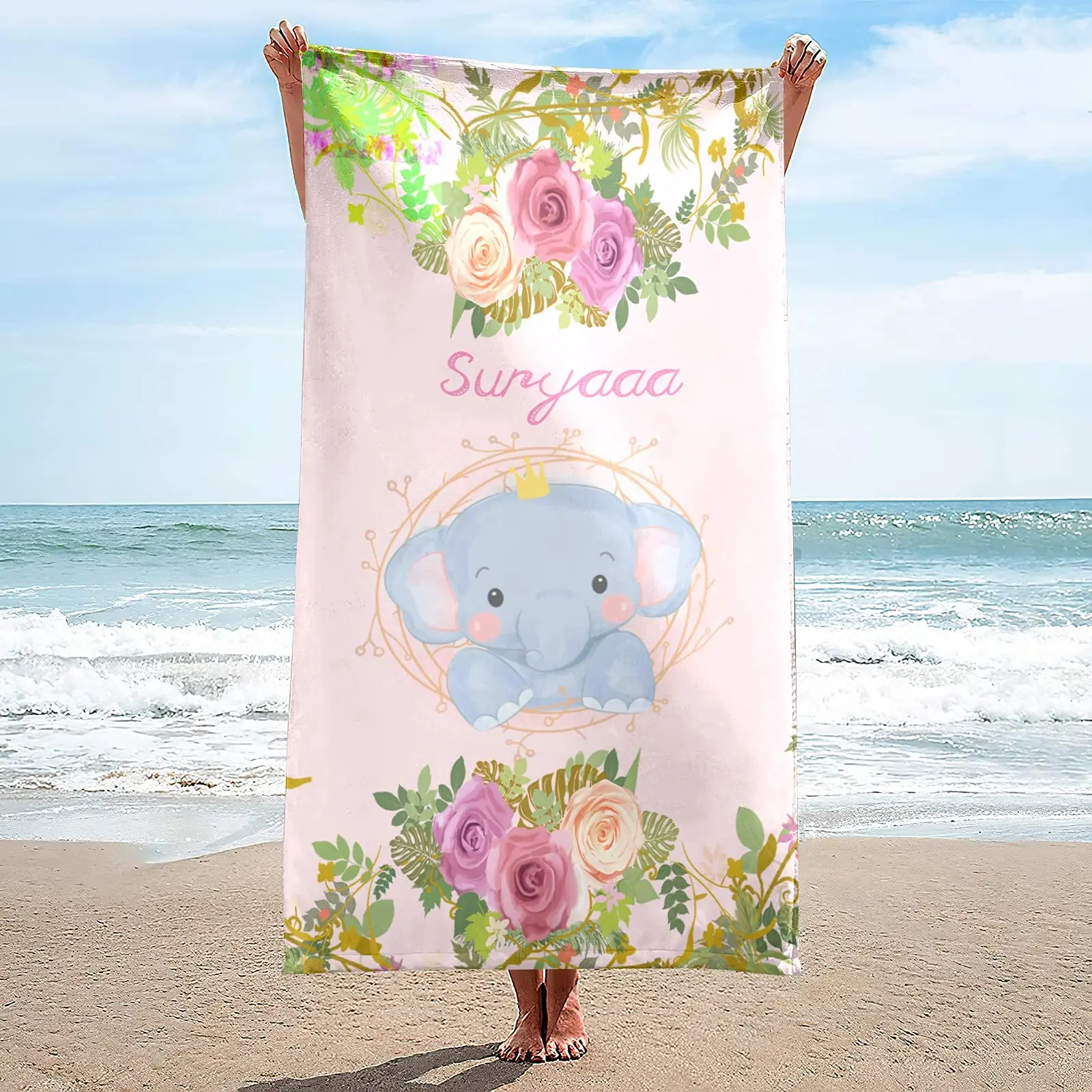 

Cute Cartoon Elephant Custom Beach Towel for Kids Girls Boy Teen Personalized Name Bath Towel for Travel Beach Pool Gym Yoga Mat