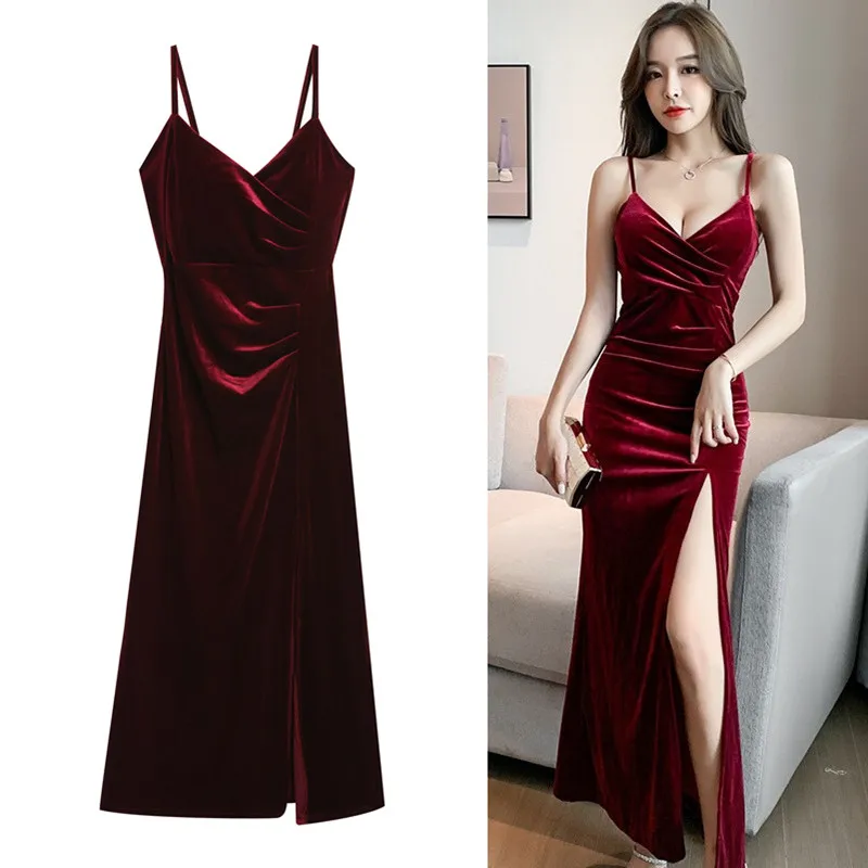 

Sling Retro Hepburn Wind Bottom With A Long Side Slit Gold Velvet Dress Ankle-Length Spaghetti Strap Sheath Zippers