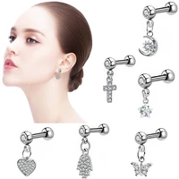 6 styles 1 piece stainless steel barbell with butterfly moon star cross pendant ear cartilage helix piercing earring