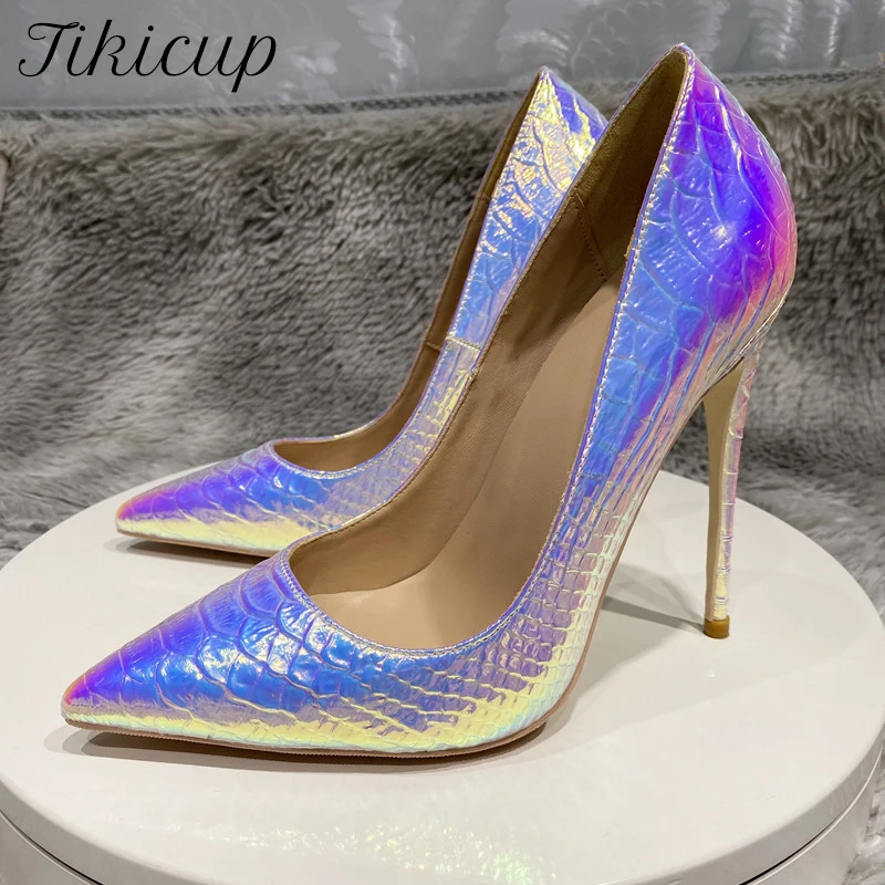 

Tikicup Silver Crocodile Effect Women Sexy Pointy Toe 8-12cm High Heel Party Dress Shoes Designer Stiletto Pumps Big Size 44 45