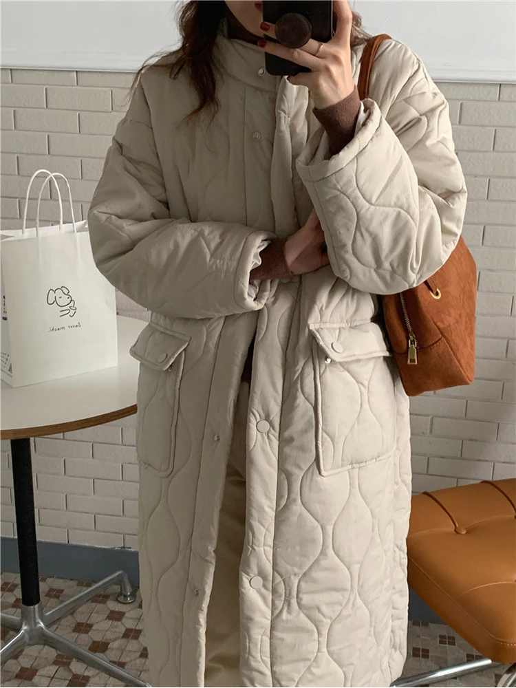 

Женская стеганая парка, длинная однобортная теплая парка свободного покроя из хлопка, в Корейском стиле, Осень-зима 2022