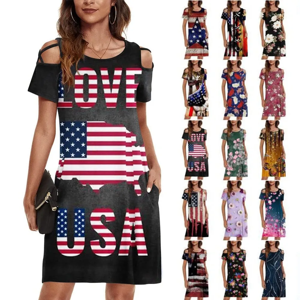 

Летние платья для женщин 2022 модное платье с принтом Дня независимости женское свободное платье без бретелек с коротким рукавом Vestidos Mujer