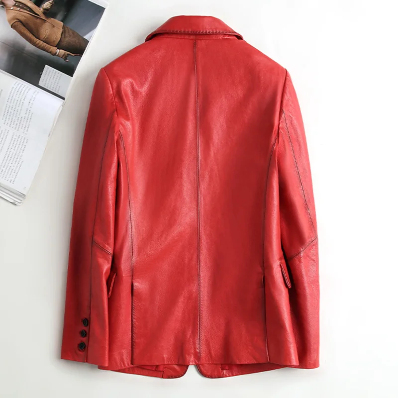 2022 Autumn New Leather Jackets Women Real Sheepskin Blazer Solid V-Neck Long Sleeve Coats CL4024