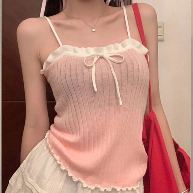 Y2K эстетичные трикотажные майки контрастных цветов на завязках кофта в Корейском