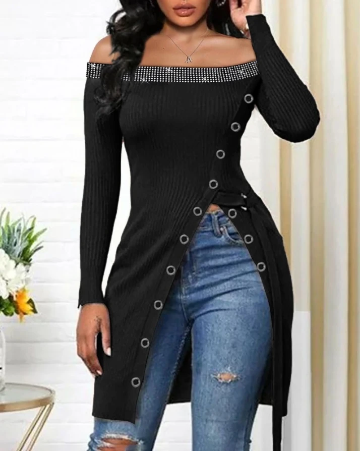 

Off Shoulder Button Rhinestone Decor High Split Long Sleeve Skinny Top casual Tee autumn spring new fashion woman blouses 2022
