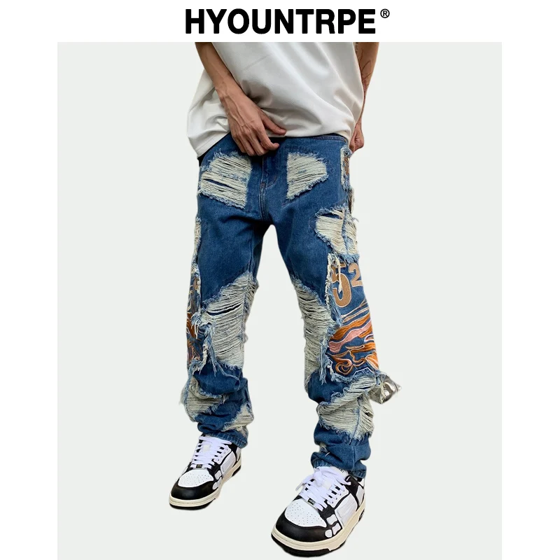 Fashion Embroidery Destroyed Ripped Tassel Holes Denim Jean Pants Mens Casual Loose Straight Jeans Hip Hop Streetwear Joggers