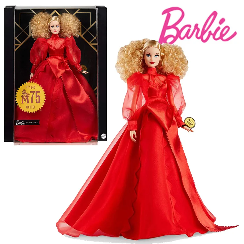 

Barbie Dolls Accessories GMM98 Collector Mattel 75Th Anniversary Pop Red Chiffon Gown Blonde Collection Pop Toy For Girl Poison