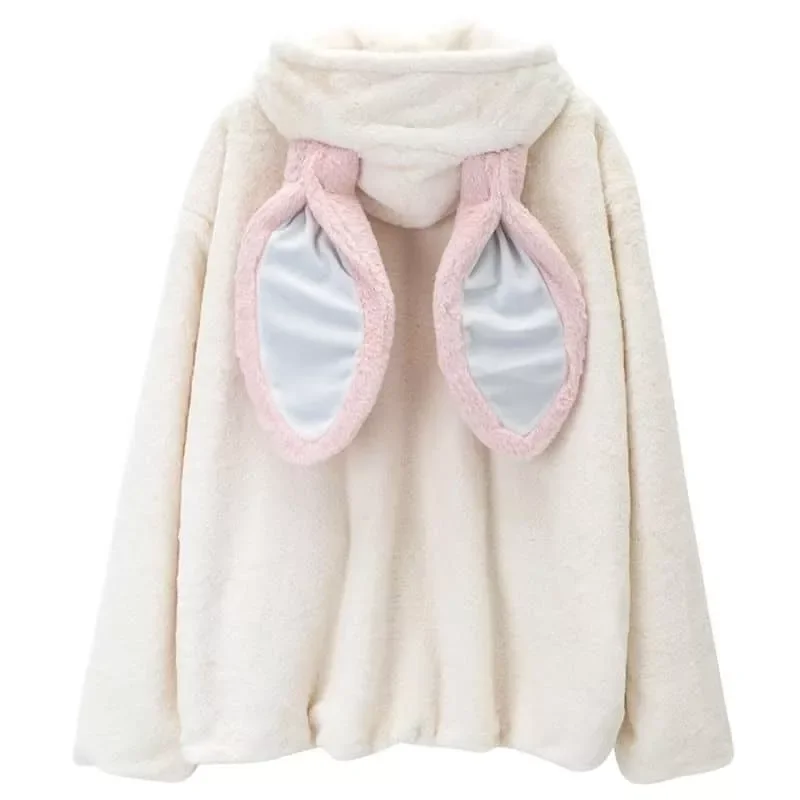 New in Faux Fur Jacket Female Tops Thick Mid-length Cute Hooded 2022 Winter Rabbit Ears Faux Rex Rabbit Plush Fur Coat Soft Girl