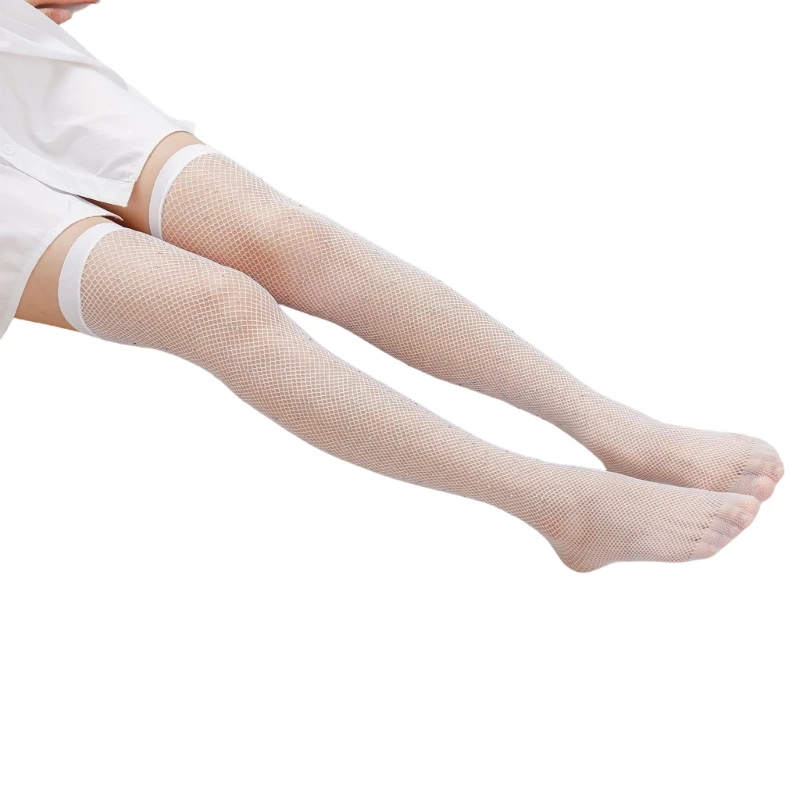 Чулки до бедра в сеточку украшенные блестящими стразами для ночного наряда