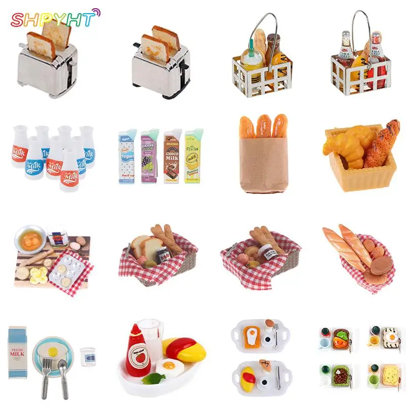 1/12 Scale Miniature Dollhouse Breakfast Set Milk & Egg Bread Juice for Mini Doll Food Play Kids Kitchen Set Accessories Toys