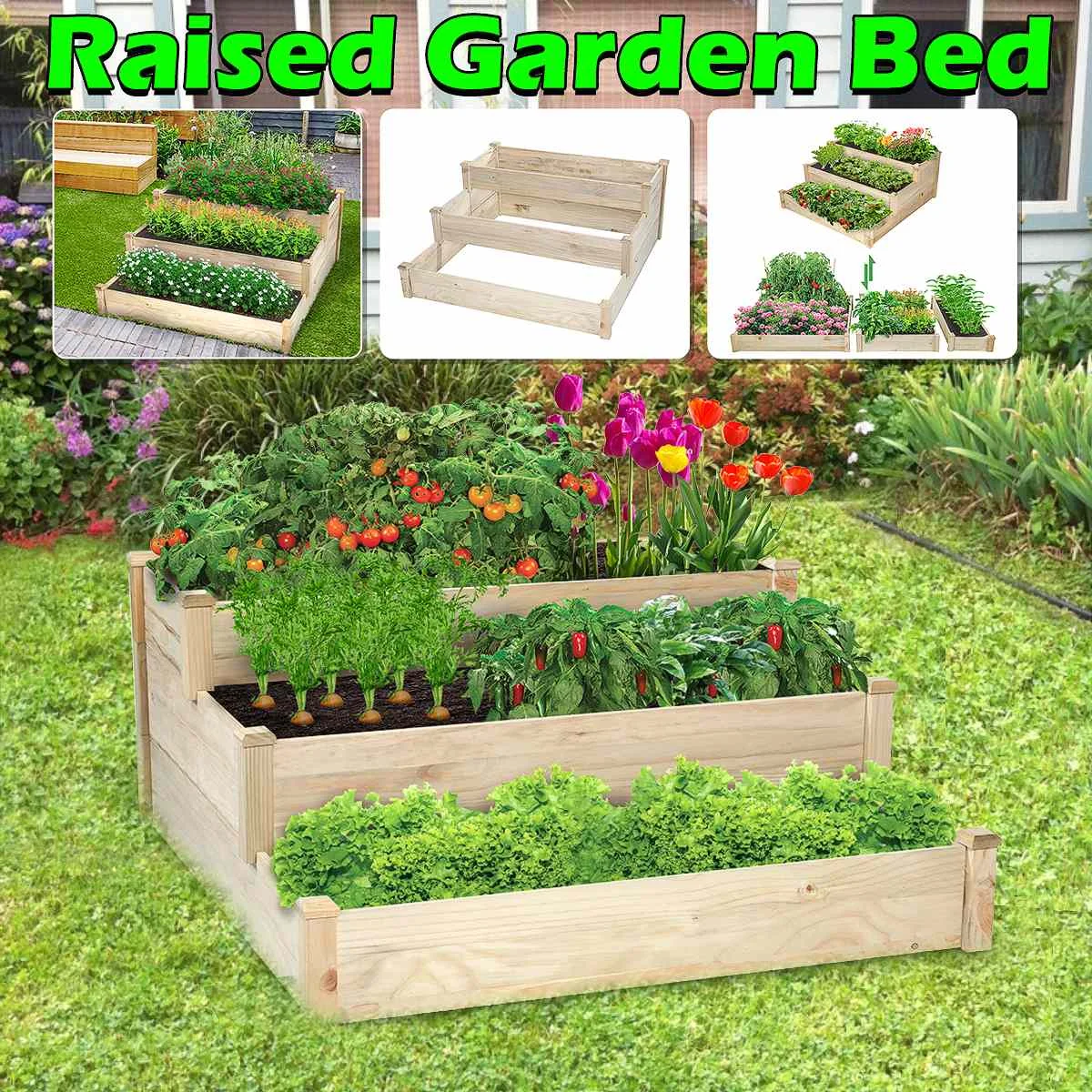 

3 IN 1 Tier Raised Garden Bed Outdoor Planter Box Wooden Vegetable/Flower/Herb Nursery Flower Bed Garden Pot Garden Supplies