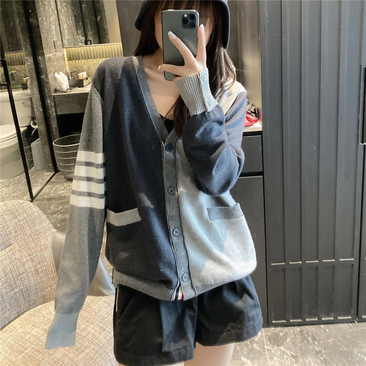 TB Korean Fashion Spring Autumn Color Contrast Wool Knitted Cardigan Long Sleeve Women's Sweater Loose Four Bar Stripe Coat Top