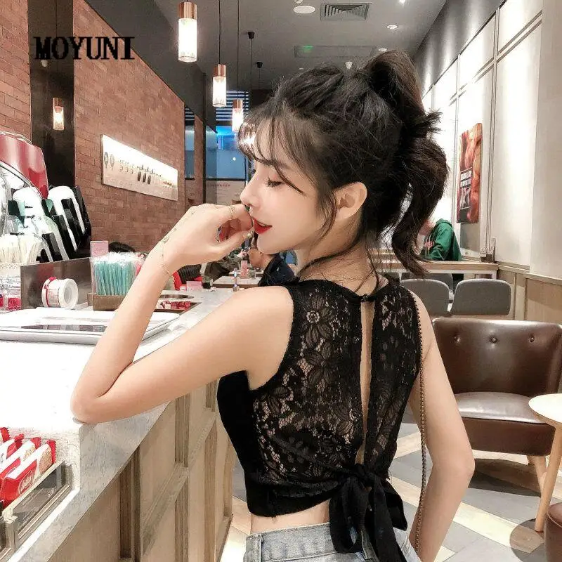 

Sexy Crocheted Black Lace Shirts Summer Tanks Knit Crop Tops Backless Bandage White Camis O Sleeveless Blouse Wild Blusa Mujer