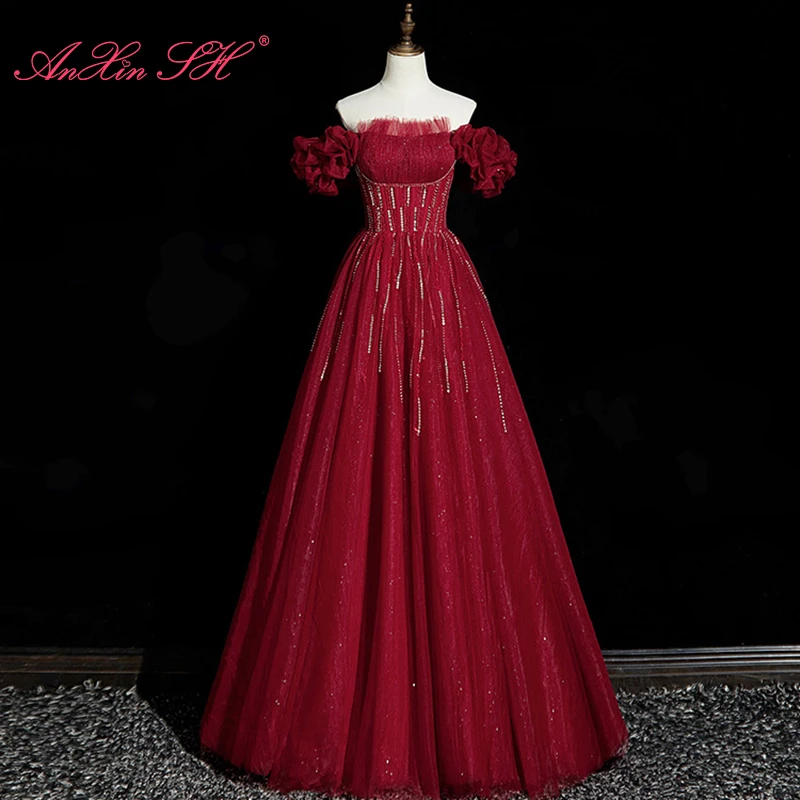 

Винно-красное кружевное вечернее платье AnXin SH Queen, французское ретро-платье с вырезом лодочкой и бисером, блестящее вечернее платье А-силуэта с золотыми кристаллами для невесты