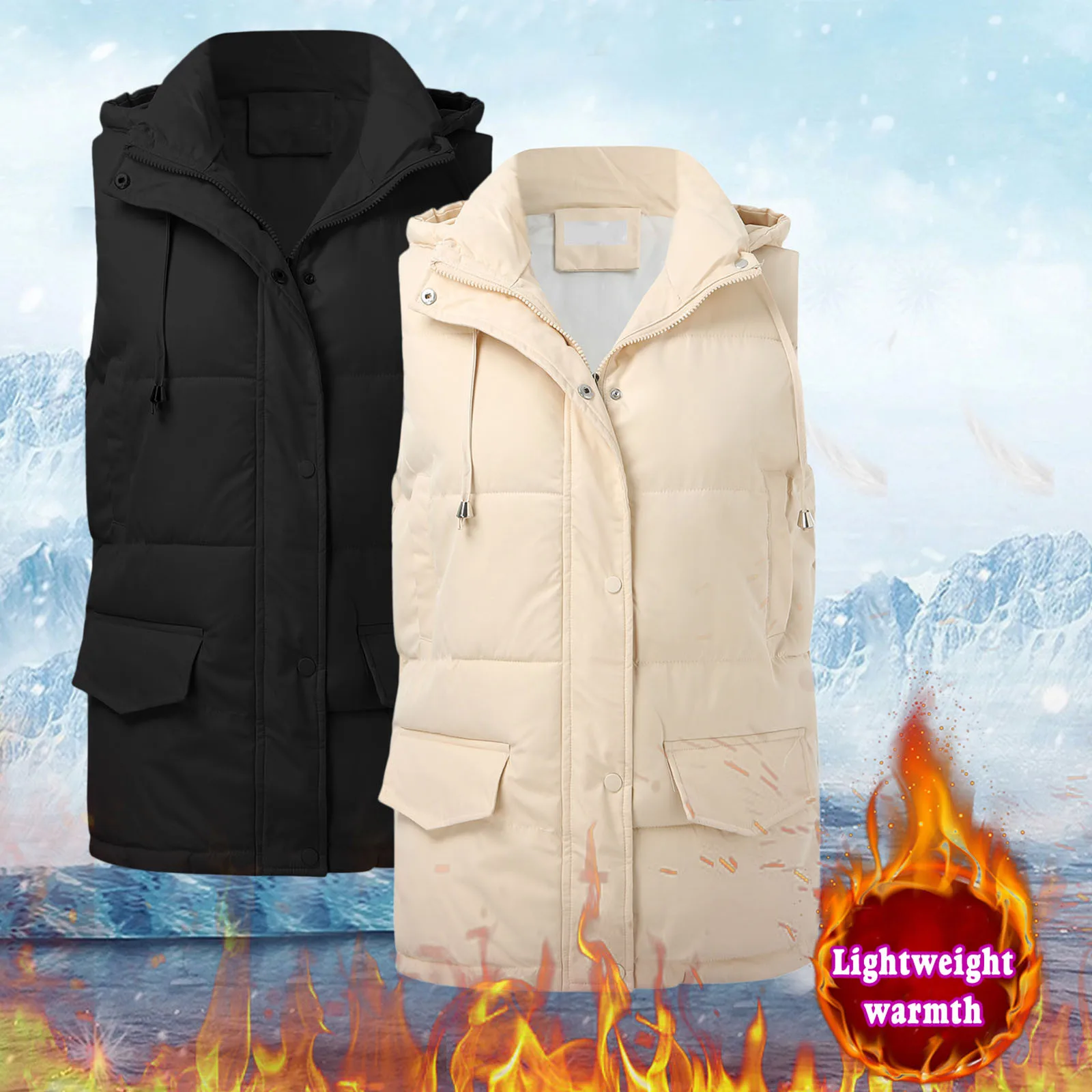 Womens Sleeveless Down Vest Hooded Packable Down Vest Jacket Winter Warm Streetwear Down Coat Solid Color Casual Outwear