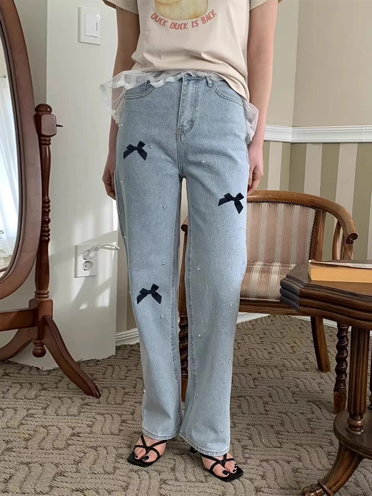Джинсы с бантом и стразами в стиле пэчворк высокая талия Pantalones Mujer женские