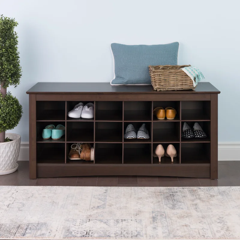 3-Tier Storage Cubby Bench Shoe Rack, Wood, Brown