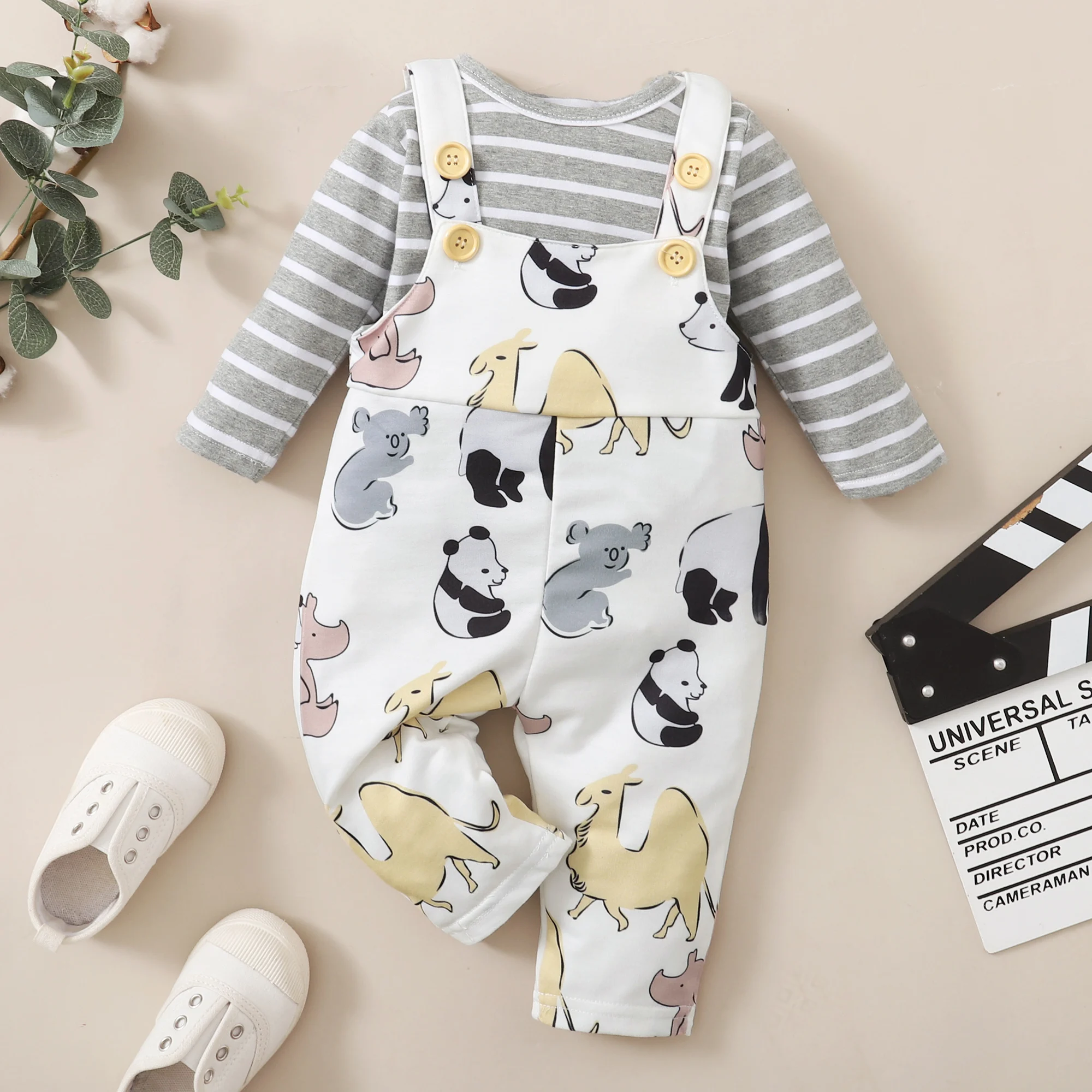 2 шт. детский хлопковый комбинезон с длинным рукавом и рисунком животных |