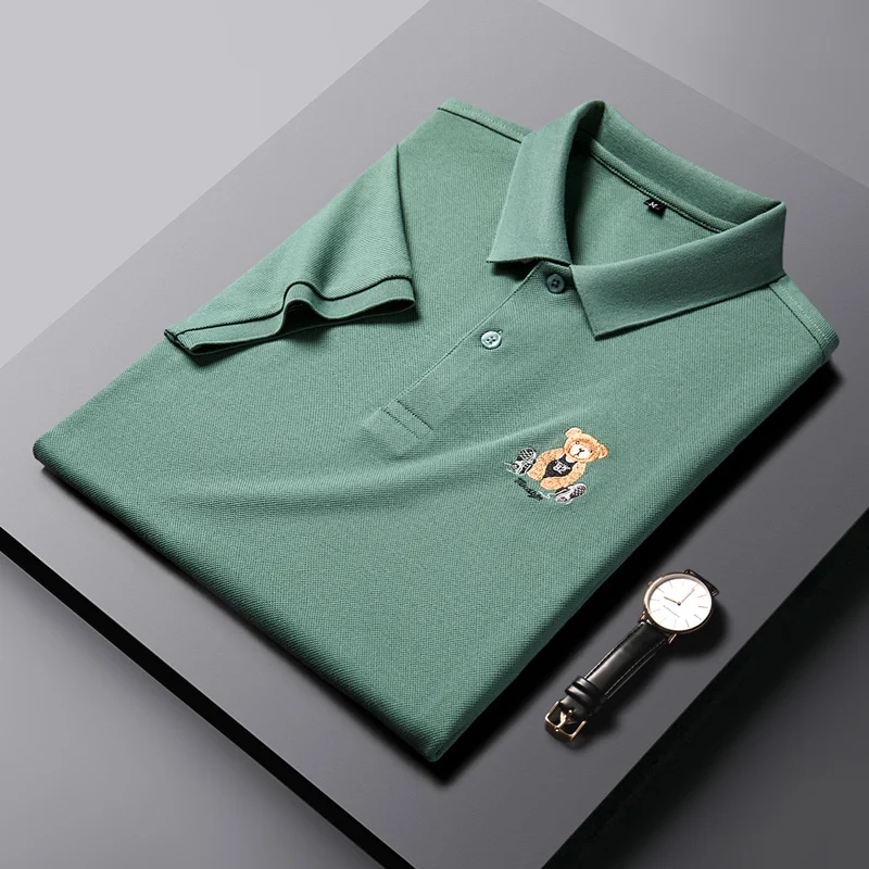 

Summer Luxury 100% Cotton Short Sleeve T-shirt Men's lapel Little Bear Embroidery POLO Shirt Half Fashion Wear