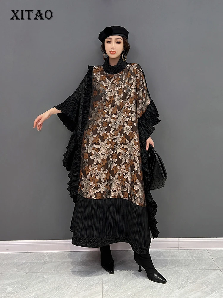 

XITAO Vintage Print Bat Wing Sleeve Dress Fashion Contrast Color Folds Splicing Half High Collar Pullover Women New WLD13108