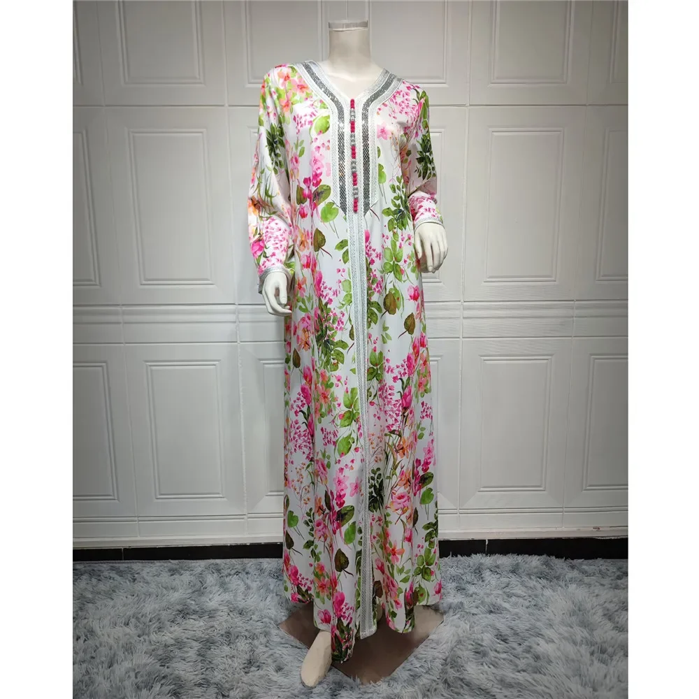 Марокканский цветочный принт мусульманская Абая женское платье макси Дубай