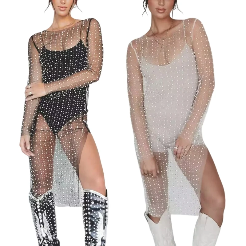 

Блестящие Стразы Вечернее Платье для Женщин Сексуальные Прозрачные Купальники Бикини Прикрыть Боковой Разрез ClubRave Платье