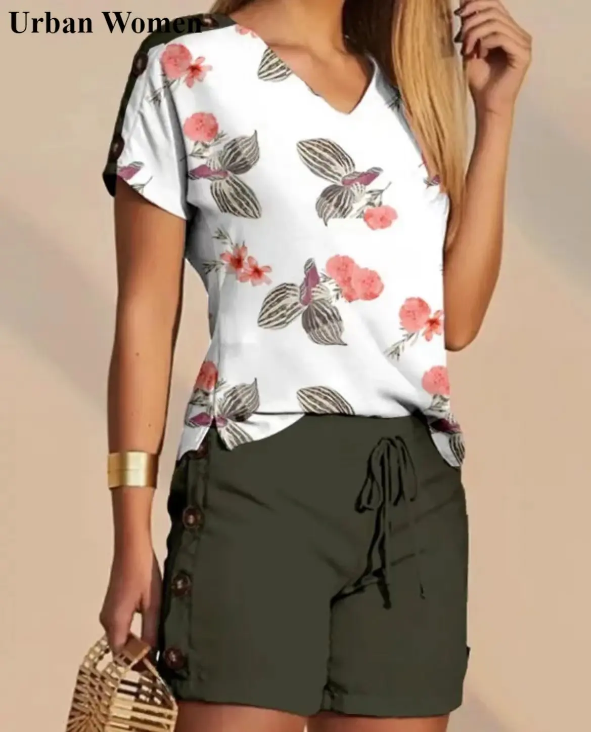 

Summer Casual Printing Two Piece Set Women Fashion V-neck Tshirt Drawstring Shorts Sports Style Two Piece Set Women