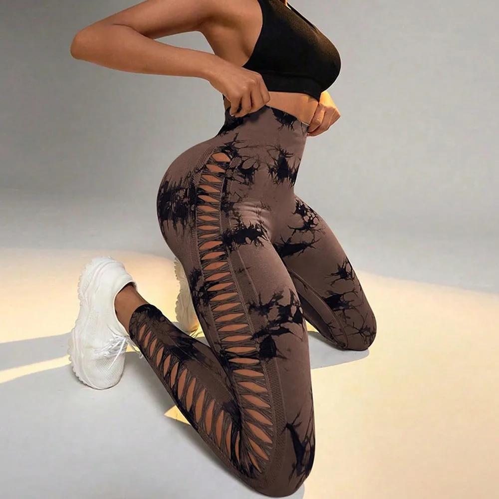 WANAYOU Tie Dye женские штаны для йоги бесшовные спортивные леггинсы сбоку полые