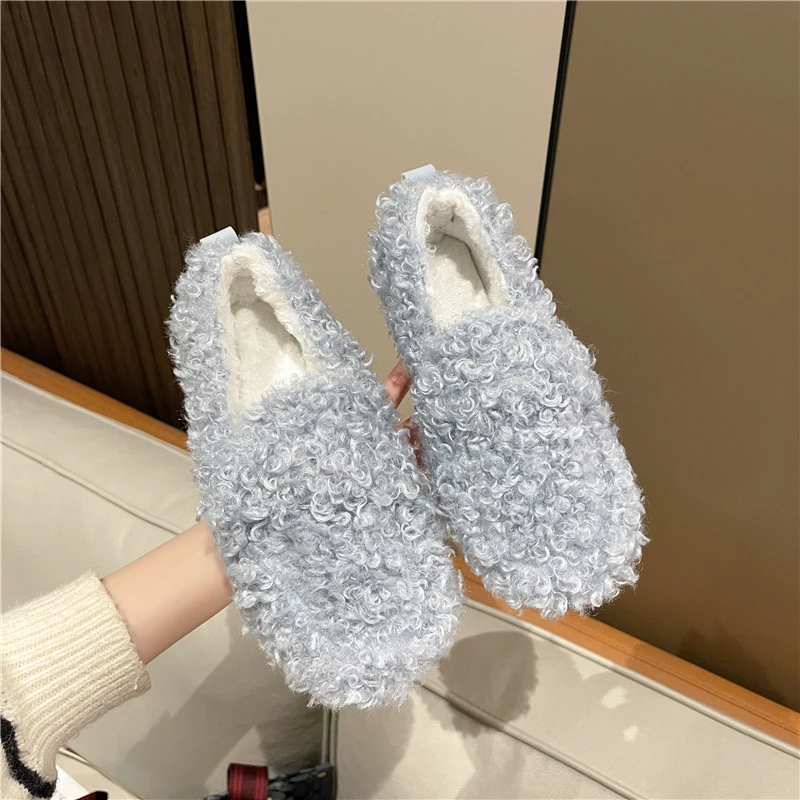 Luxury Lambwool Moccasins Femme Winter Cotton Shoes Women Warm Plush Loafers Comfy Curly Sheep Fur Flats Woman Muller Shoes
