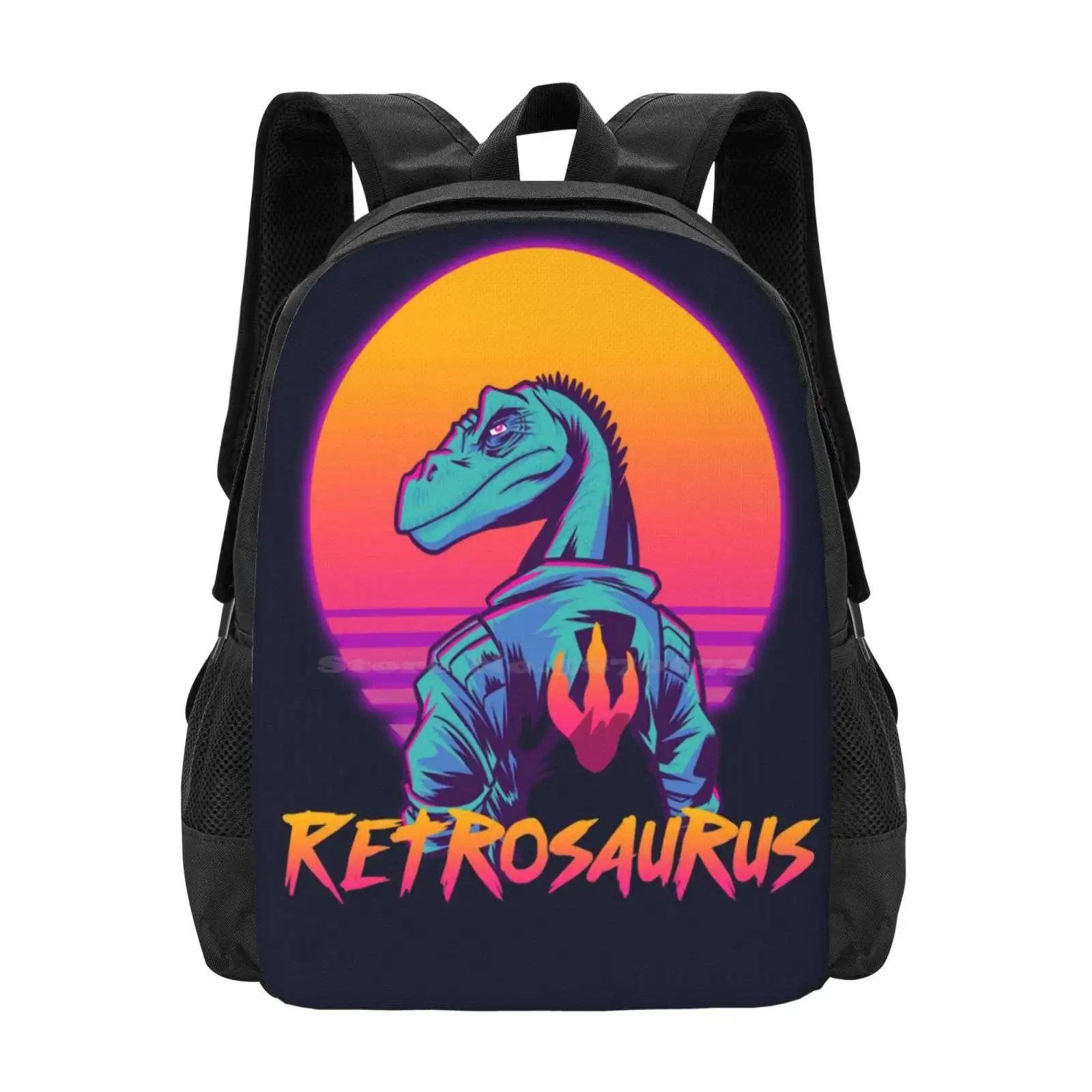 Retrosaurus-Velocity Raptor 3D Print Design Backpack Student Bag 1980S B Boy Beat Box Boombox Bright Claw Colorful Darksynth