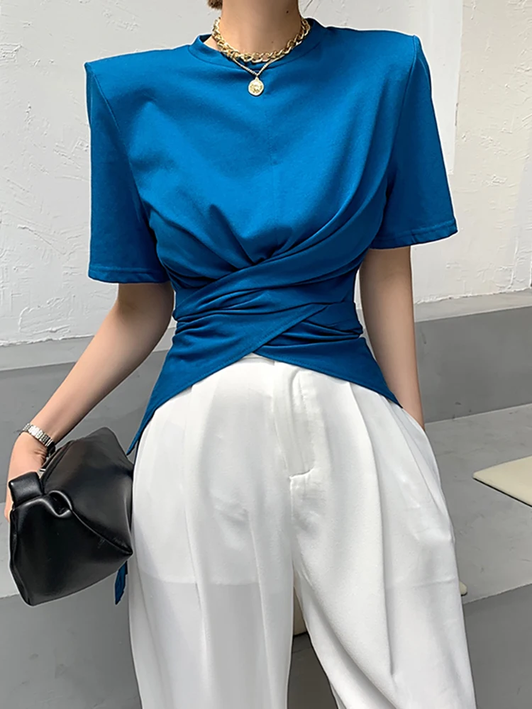 

2022 New Irregular Short-sleeved T-shirt Women's 2022 New Trendy Shoulder Pad Hem Cross Top Woman Tshirts FF043