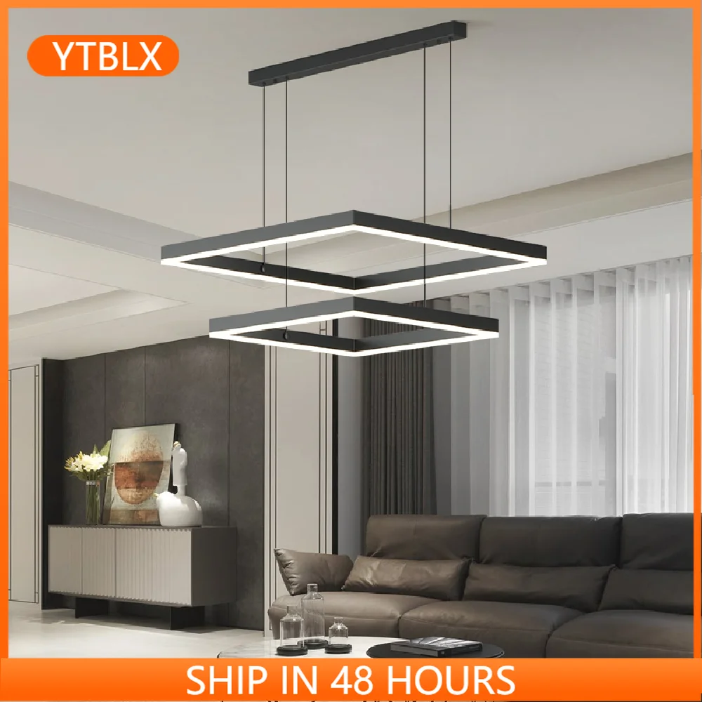 

Dining Living Room Creative Square LED Chandelier Lighting Black Modern Simple Hanging Lamp For Bedroom Restaurant Lobby Home