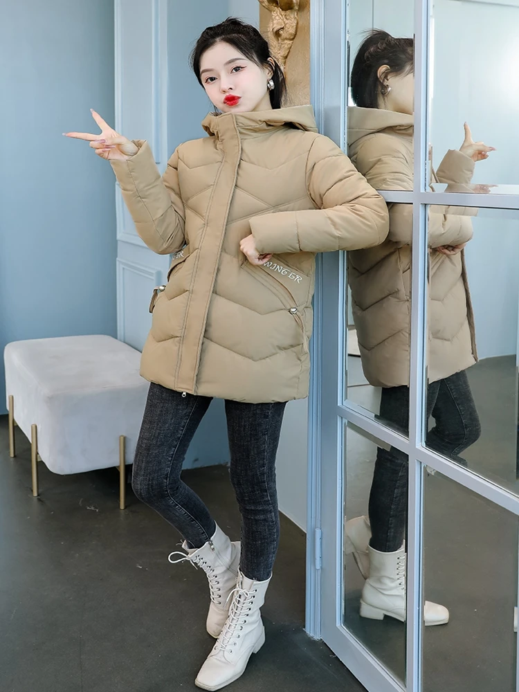 2022 Women Winter Thick Hooded Down Jacket Cotton Warm Padded Parka For Woman Mid Length Cotton Coat